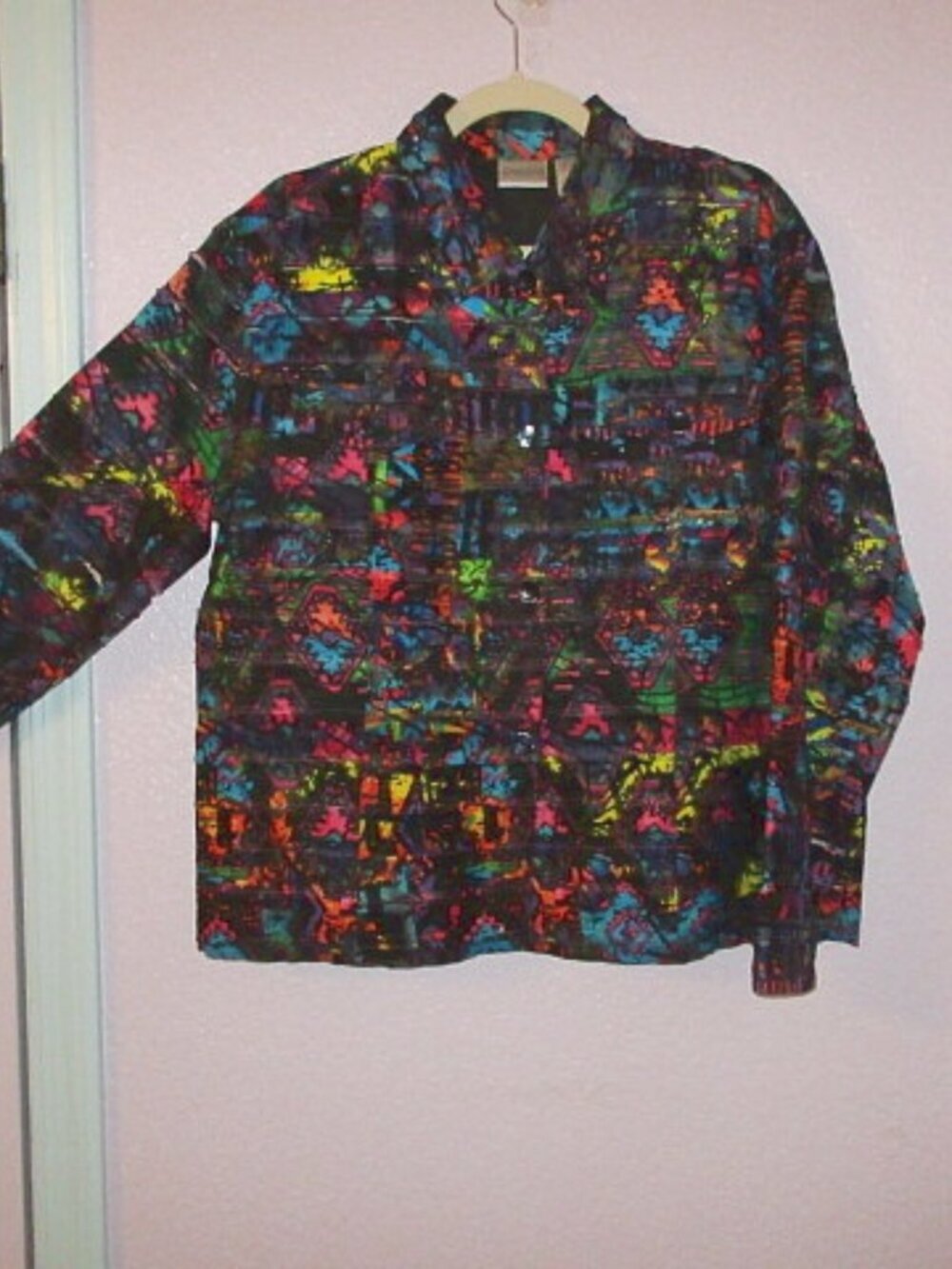 Chico's Southwestern Jacket Size 2 L Boxy Linen Silk Button Up Shirt Aztec Boho